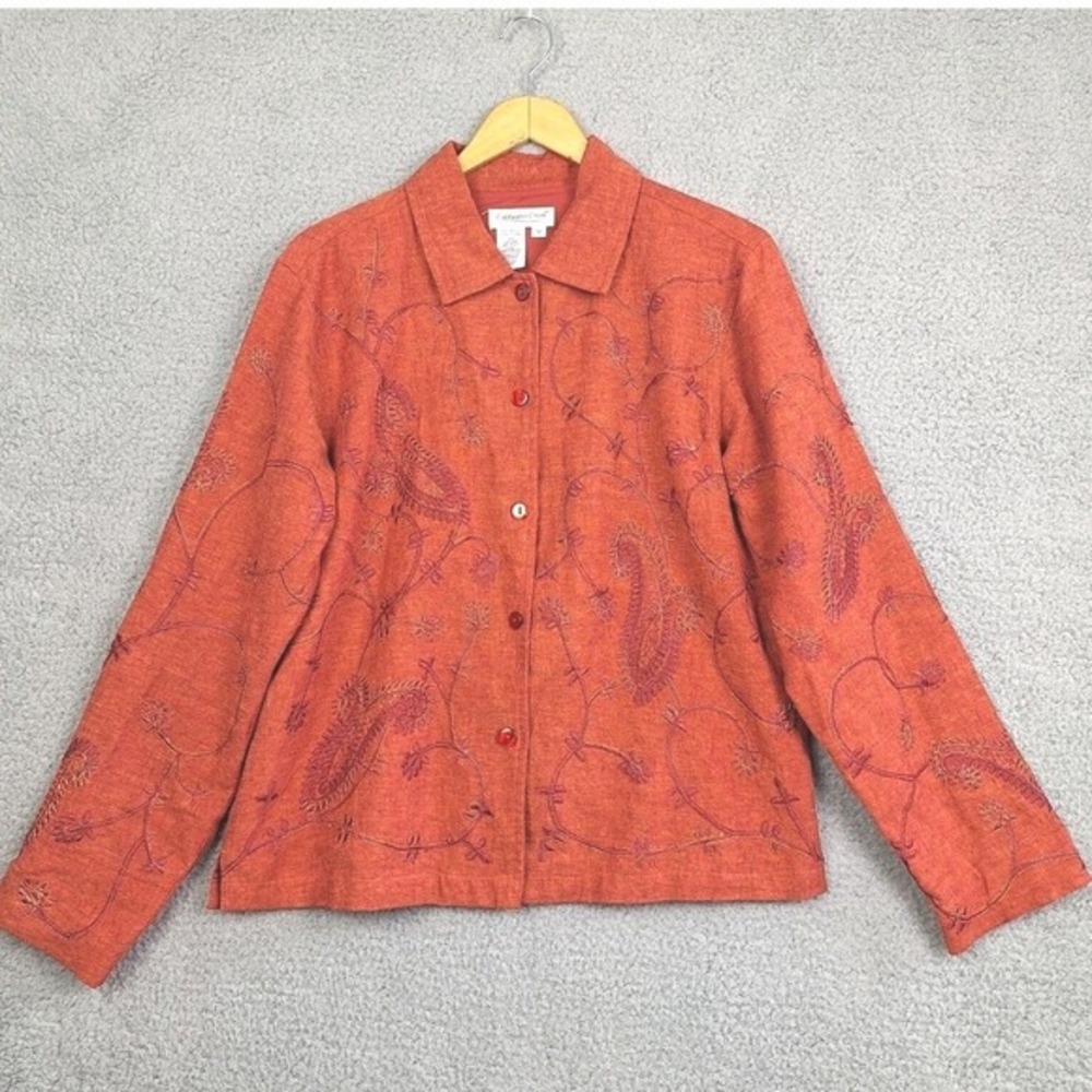 Coldwater Creek Jacket Womens Medium Orange Embroidered Linen Blend Lined‎ Boho